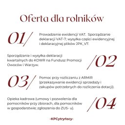 KANCELARIA PODATKOWA CYTRYŃSCY SPÓŁKA Z OGRANICZONĄ ODPOWIEDZIALNOŚCIĄ - Grafika informacyjna z ofertą usług dla rolników, obejmująca prowadzenie ewidencji VAT, sporządzanie deklaracji, rozliczanie z ARMiR oraz opiekę kadrową, z numeracją punktów od 01 do 04.