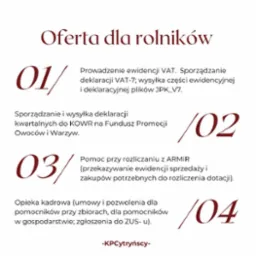 Grafika informacyjna z ofertą usług dla rolników, obejmująca prowadzenie ewidencji VAT, sporządzanie deklaracji, rozliczanie z ARMiR oraz opiekę kadrową, z numeracją punktów od 01 do 04.