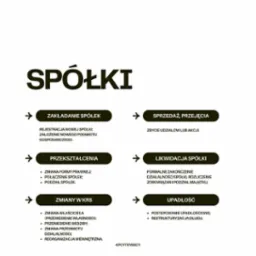 Infografika przedstawiająca procesy związane ze spółkami: zakładanie, sprzedaż, przekształcenia, likwidacja, zmiany w KRS i upadłość. Schemat informacyjny z krótkimi opisami poszczególnych etapów.