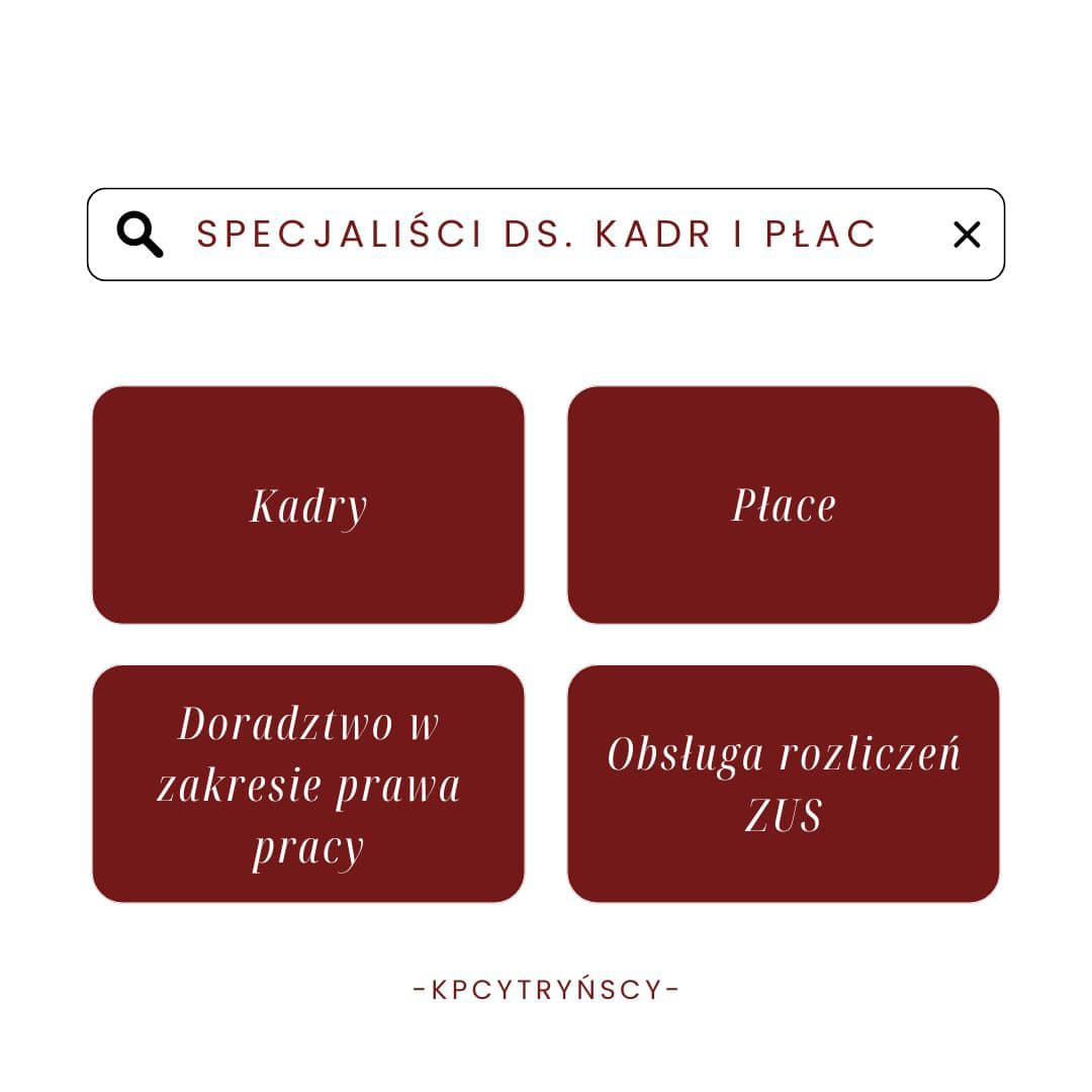 Grafika prezentująca usługi w zakresie kadr i płac, doradztwa w prawie pracy oraz obsługi rozliczeń ZUS, z nazwą firmy KPCYTRYŃSCY w dolnej części.