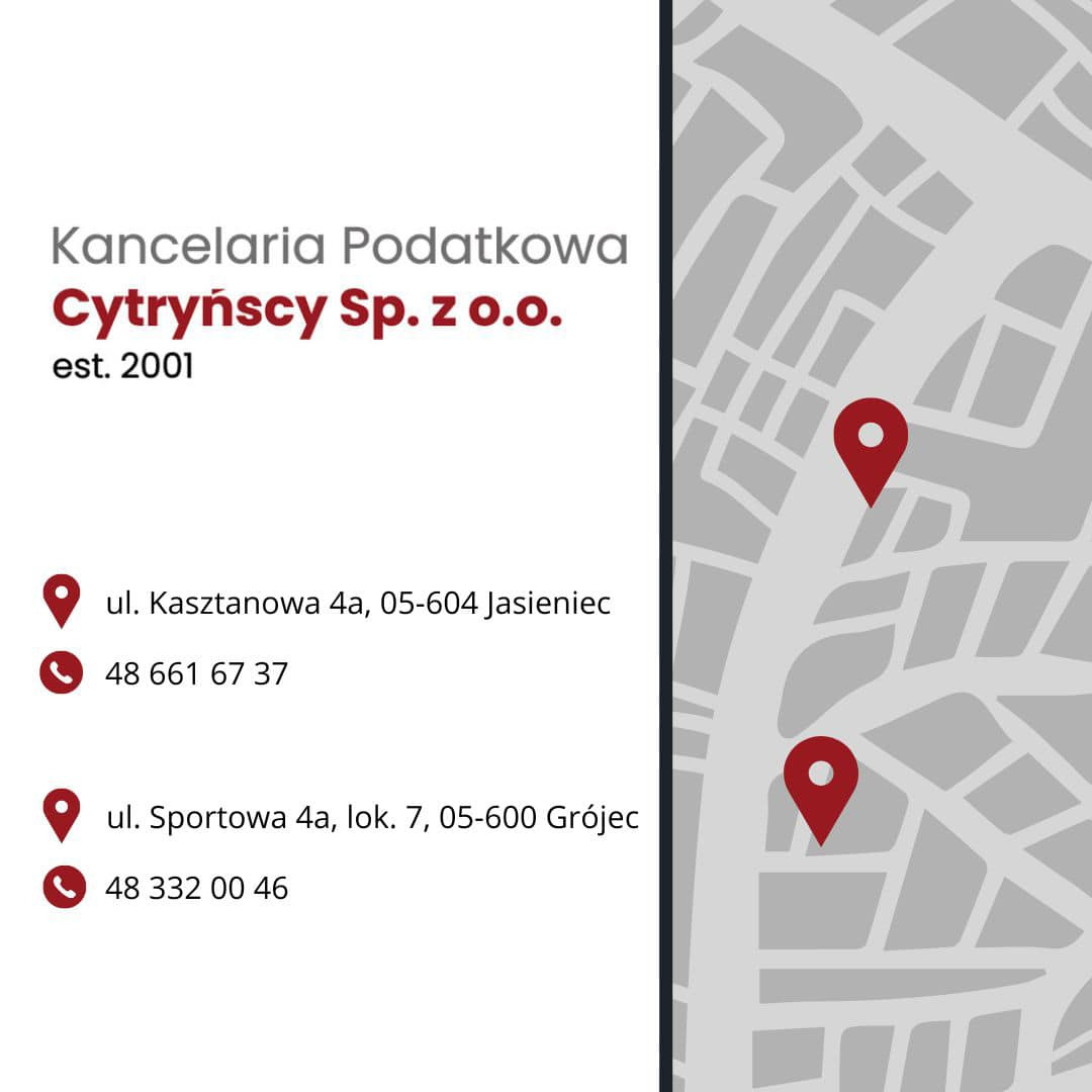 Grafika z mapą i dwoma czerwonymi znacznikami lokalizacji, prezentująca dane kontaktowe Kancelarii Podatkowej Cytryńscy Sp. z o.o. z dwoma adresami i numerami telefonów.