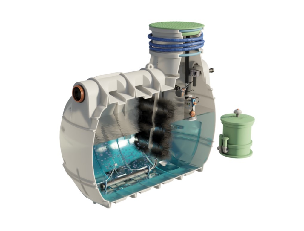 Przekrój schematyczny przydomowej oczyszczalni ścieków z widocznymi elementami wewnętrznymi, w tym biofiltr z czarnym złożem, zbiornik z wodą oraz zewnętrzny zielony filtr.