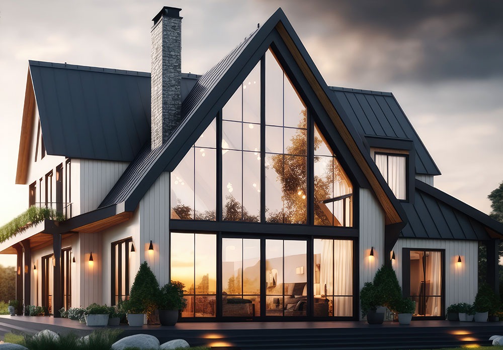 Nowoczesny dom z dużymi przeszkleniami, czarną ramą okienną i dachem z blachy na tle pochmurnego nieba. Widoczne drzewa odbijające się w szybach i oświetlenie zewnętrzne.