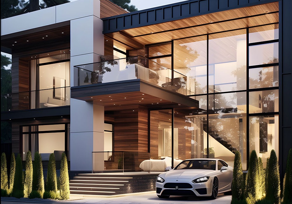 Nowoczesna willa z dużymi oknami aluminiowymi i drewnianą elewacją, widoczny biały samochód sportowy na podjeździe.