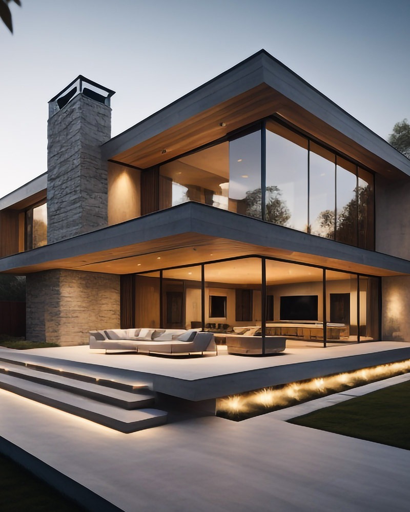 Nowoczesny dom z dużymi przeszkleniami, kamienną elewacją i oświetlonym tarasem z meblami ogrodowymi.