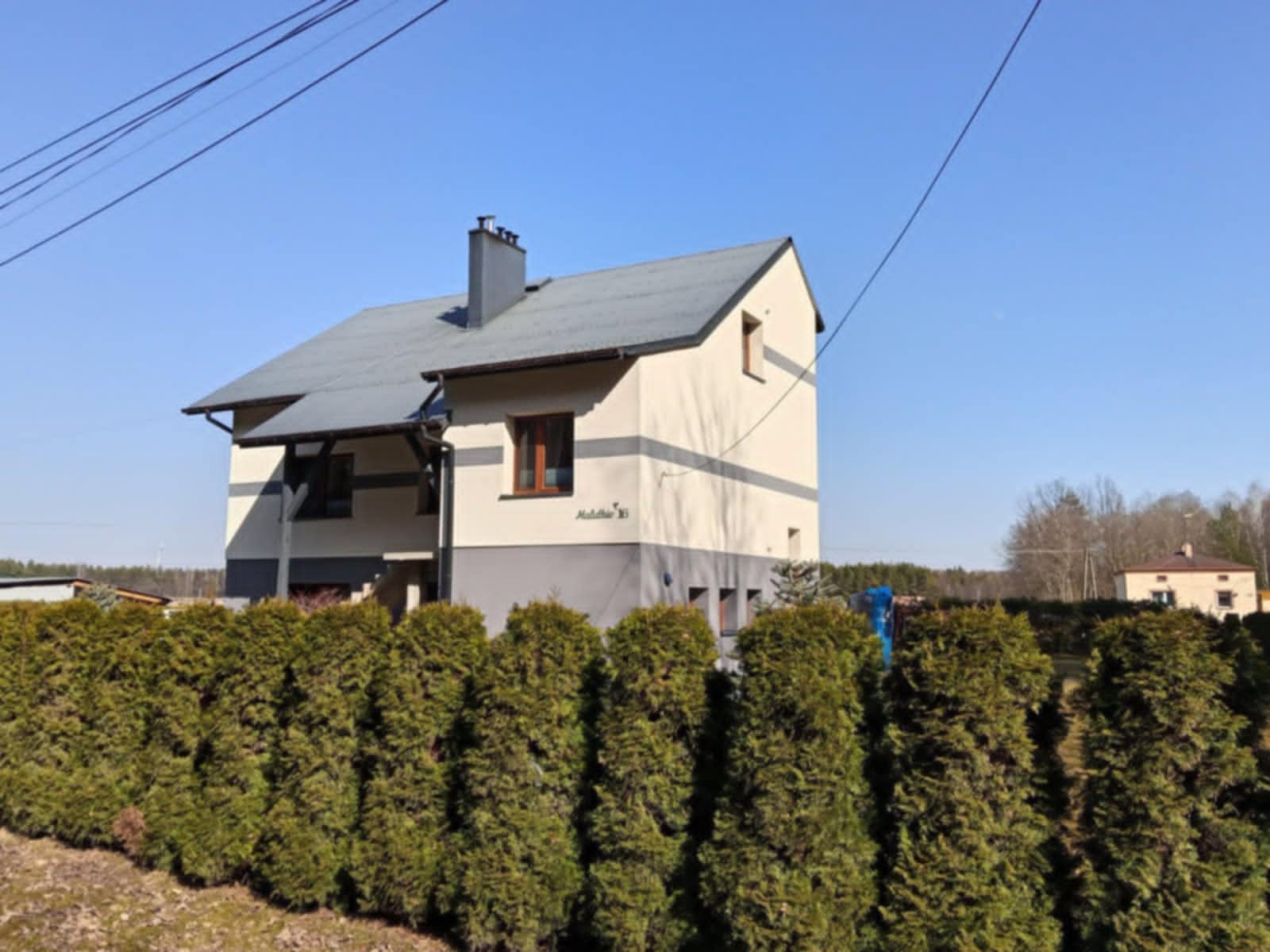 Dwukondygnacyjny dom z elewacją w odcieniach szarości i beżu, częściowo zasłonięty przez rząd tuj, widok z poziomu gruntu w słoneczny dzień.