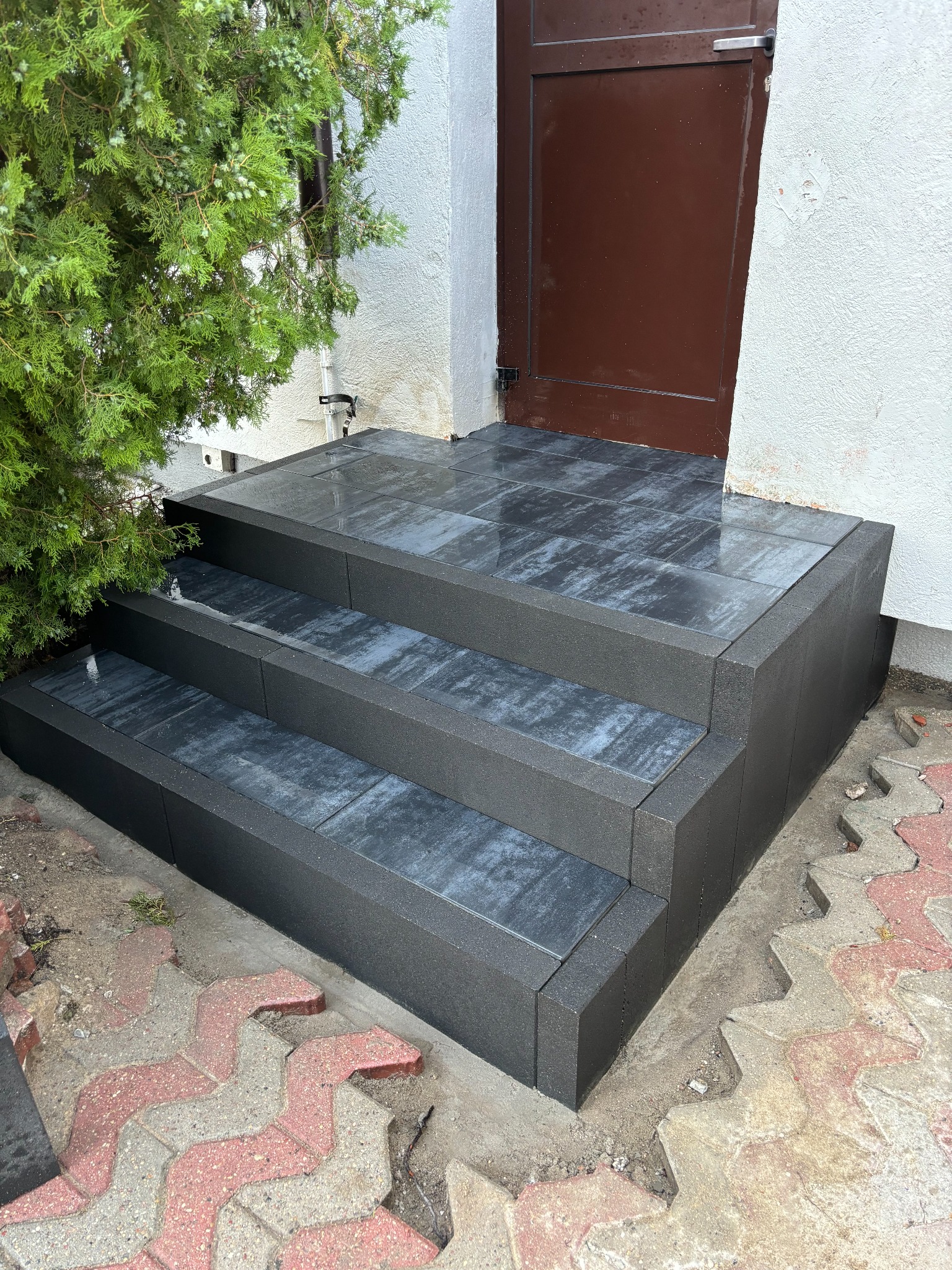 Trzy stopnie schodów wejściowych wyłożone ciemnoszarą kostką brukową, prowadzące do brązowych drzwi, obok zielony krzew i fragment chodnika z czerwono-szarej kostki.