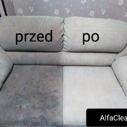 MODUS OPERANDI SPÓŁKA Z OGRANICZONĄ ODPOWIEDZIALNOŚCIĄ - Dwuczęściowa sofa w odcieniach szarości, lewa strona oznaczona jako 'przed' z widocznymi plamami i zabrudzeniami, prawa strona oznaczona jako 'po' w jaśniejszym, czystym odcieniu, w prawym dolnym...