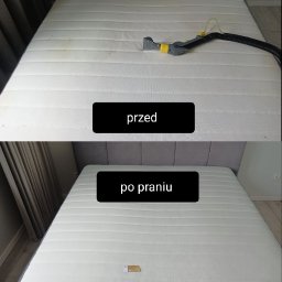MODUS OPERANDI SPÓŁKA Z OGRANICZONĄ ODPOWIEDZIALNOŚCIĄ - Materac przed i po czyszczeniu w Bydgoszczy, widoczne różnice w czystości oraz urządzenie do ekstrakcyjnego czyszczenia tapicerki.