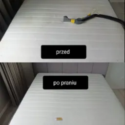 Materac przed i po czyszczeniu w Bydgoszczy, widoczne różnice w czystości oraz urządzenie do ekstrakcyjnego czyszczenia tapicerki.