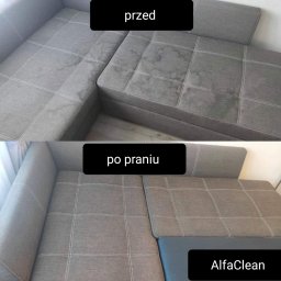 MODUS OPERANDI SPÓŁKA Z OGRANICZONĄ ODPOWIEDZIALNOŚCIĄ - Szara narożna kanapa modułowa: górna część zdjęcia prezentuje widoczne zabrudzenia przed czyszczeniem, dolna część pokazuje efekt po wyczyszczeniu, z widocznym fragmentem logo firmy AlfaClean.