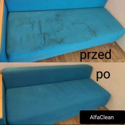 MODUS OPERANDI SPÓŁKA Z OGRANICZONĄ ODPOWIEDZIALNOŚCIĄ - Niebieska kanapa przed i po czyszczeniu, widoczne plamy na górnym zdjęciu i czysta powierzchnia na dolnym, z napisem 'przed' i 'po' oraz logo firmy AlfaClean.