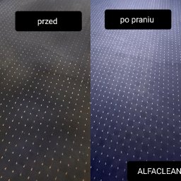 MODUS OPERANDI SPÓŁKA Z OGRANICZONĄ ODPOWIEDZIALNOŚCIĄ - Porównanie dywanu przed i po czyszczeniu, widoczne wyraźne różnice w kolorze i czystości, z logo firmy czyszczącej w rogu.
