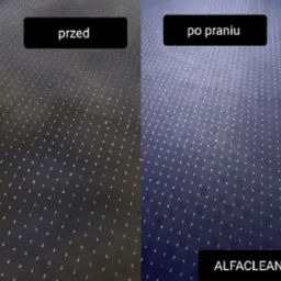 Por&oacute;wnanie dywanu przed i po czyszczeniu, widoczne wyraźne r&oacute;żnice w kolorze i czystości, z logo firmy czyszczącej w rogu.