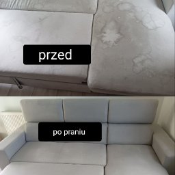 MODUS OPERANDI SPÓŁKA Z OGRANICZONĄ ODPOWIEDZIALNOŚCIĄ - Dwuetapowe ujęcie narożnika: górna część prezentuje zabrudzoną tapicerkę z widocznymi plamami, dolna część ukazuje narożnik po czyszczeniu, z logo firmy w prawym dolnym rogu.