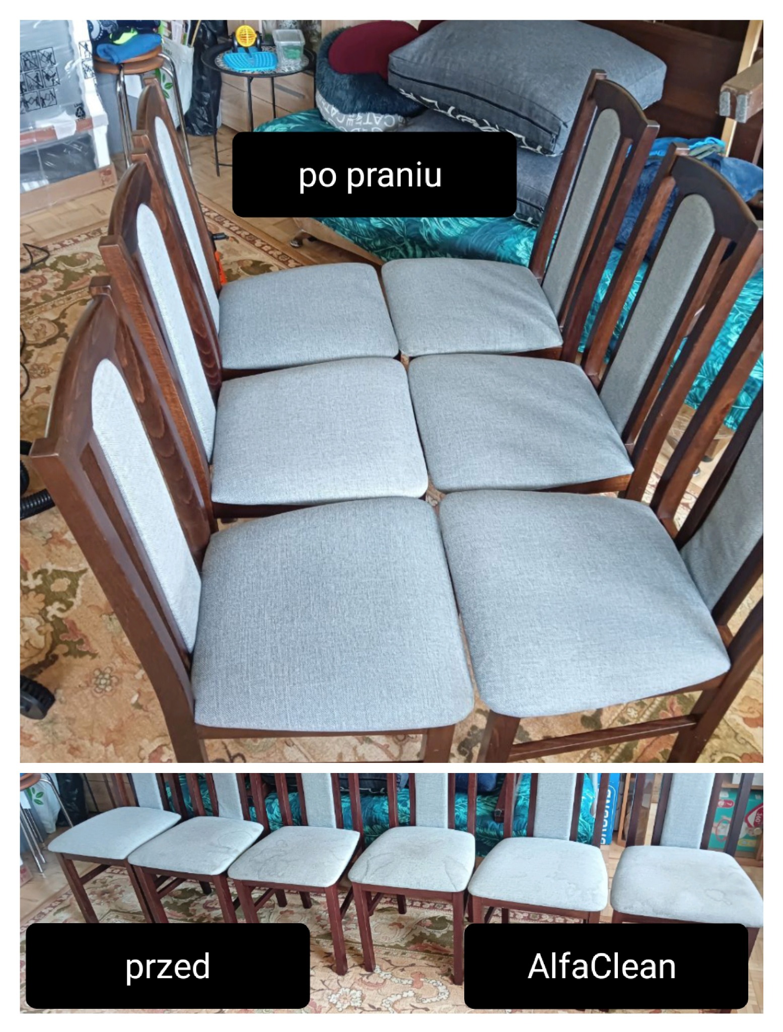 Porównanie krzeseł z tapicerowanymi siedziskami przed i po czyszczeniu. Widoczne różnice w kolorze i czystości tapicerki.