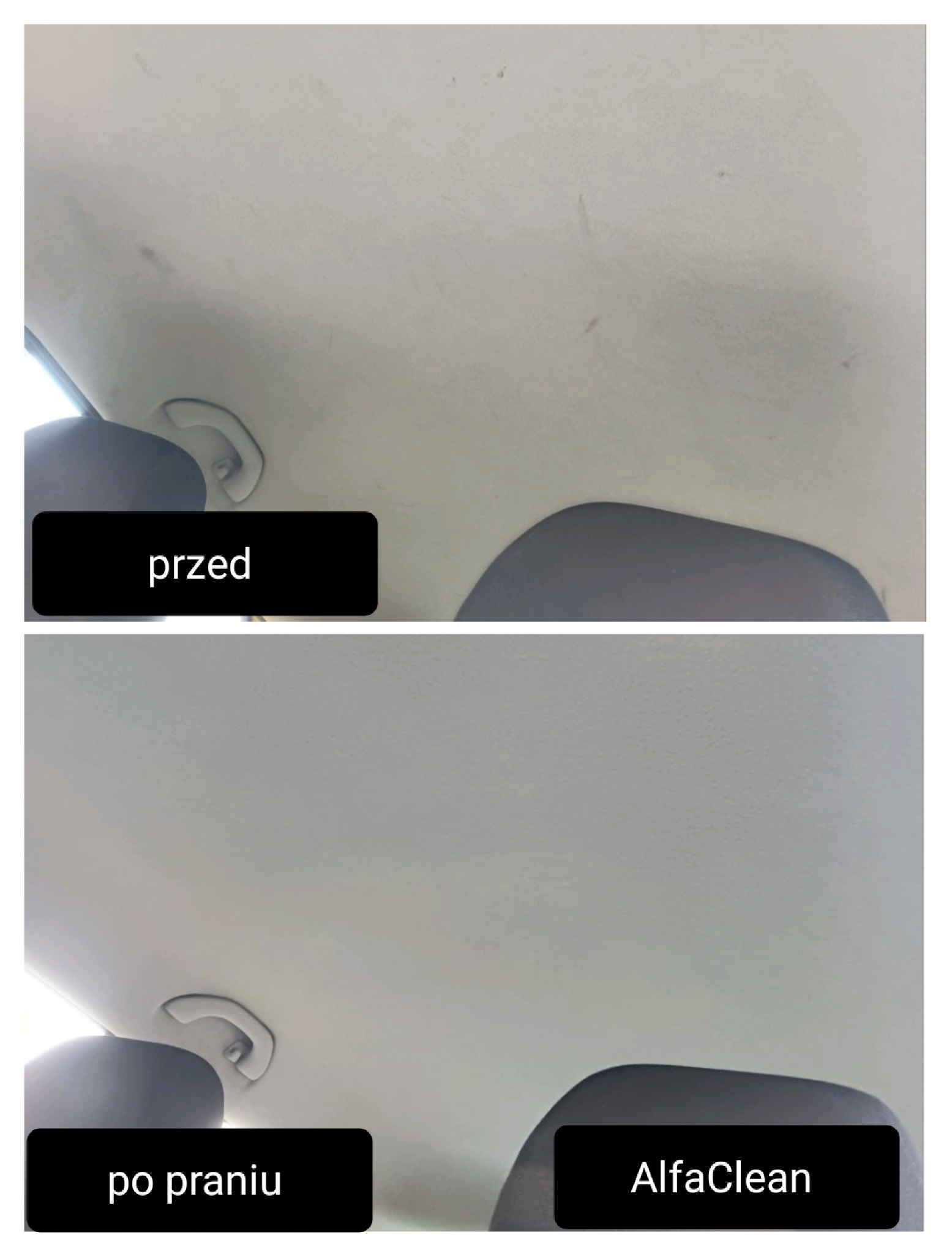 Porównanie podsufitki samochodu przed i po praniu, widoczne różnice w czystości i logo AlfaClean.