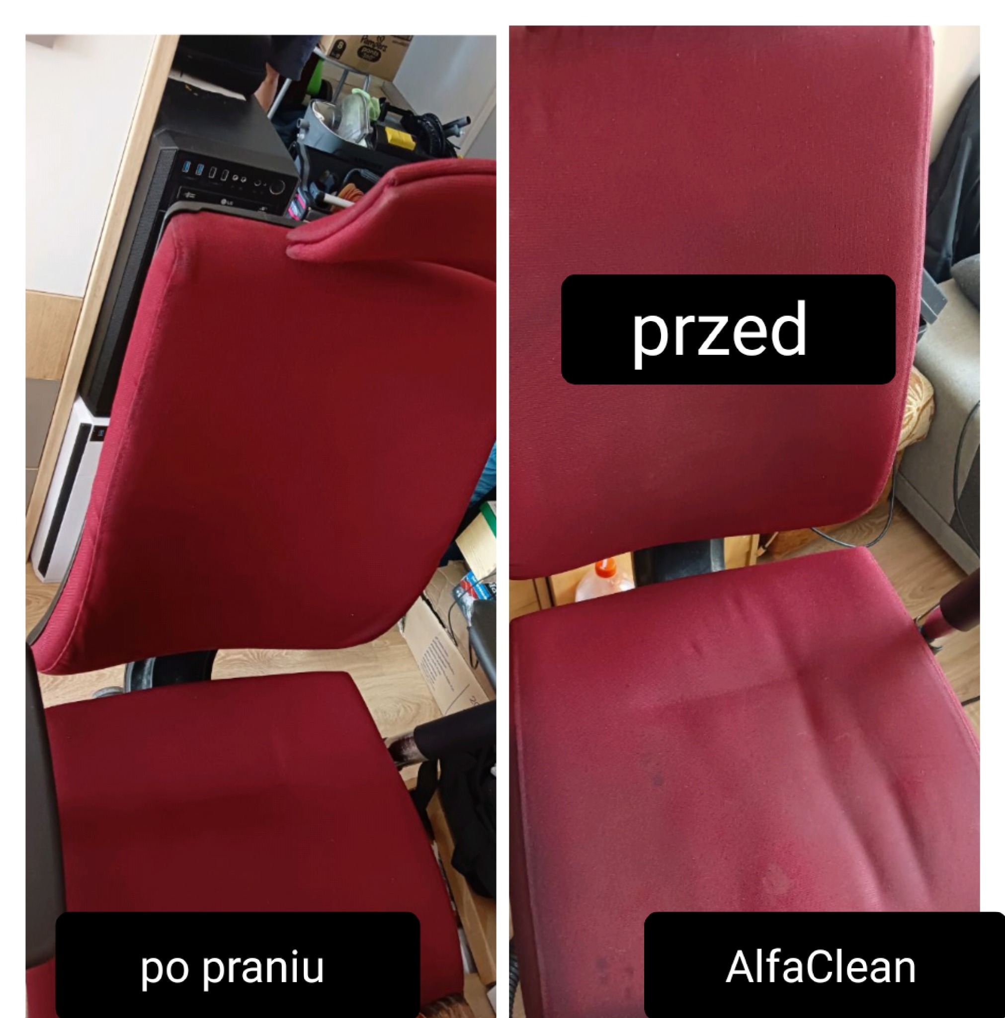 Porównanie fotela biurowego z czerwoną tapicerką przed i po czyszczeniu, widoczne różnice w czystości materiału, z logo firmy AlfaClean.