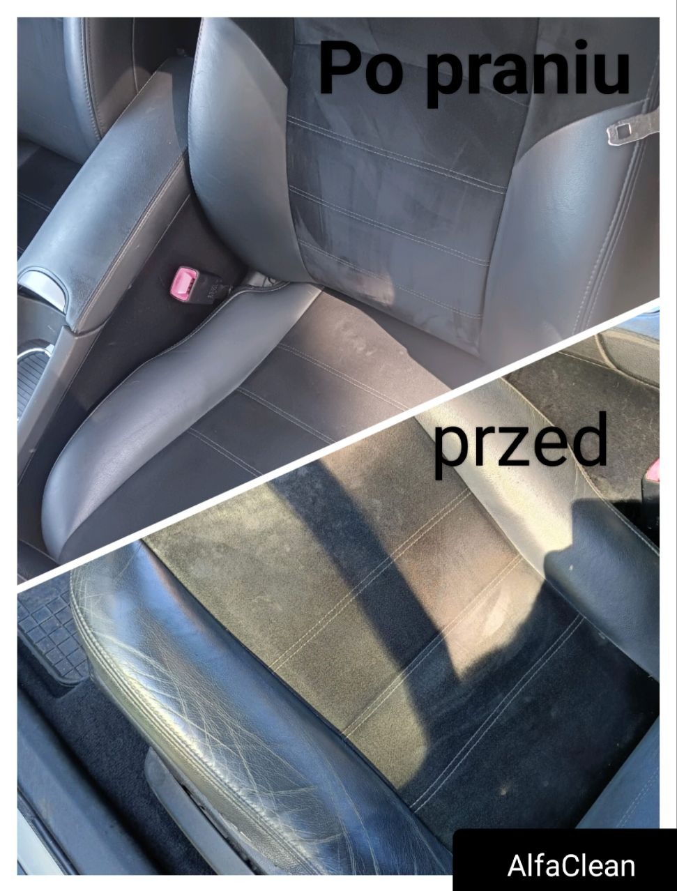 Tapicerka samochodowa w ujęciu przed i po czyszczeniu, widoczna różnica w kolorze i czystości, fotel po prawej stronie wyraźnie odświeżony.