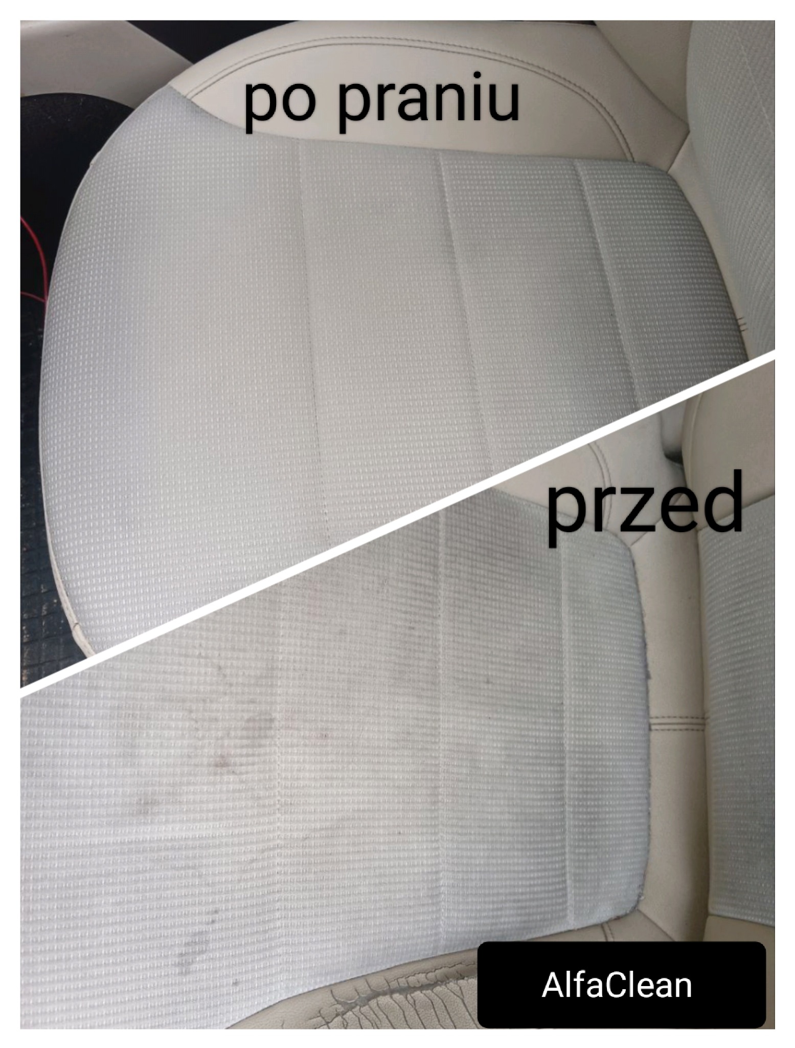 Tapicerka samochodowa w układzie przed i po czyszczeniu, widoczne plamy usunięte po prawej stronie, logo firmy AlfaClean w prawym dolnym rogu.