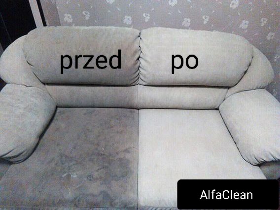 Dwuczęściowa sofa w odcieniach szarości, lewa strona oznaczona jako 'przed' z widocznymi plamami i zabrudzeniami, prawa strona oznaczona jako 'po' w jaśniejszym, czystym odcieniu, w prawym dolnym...