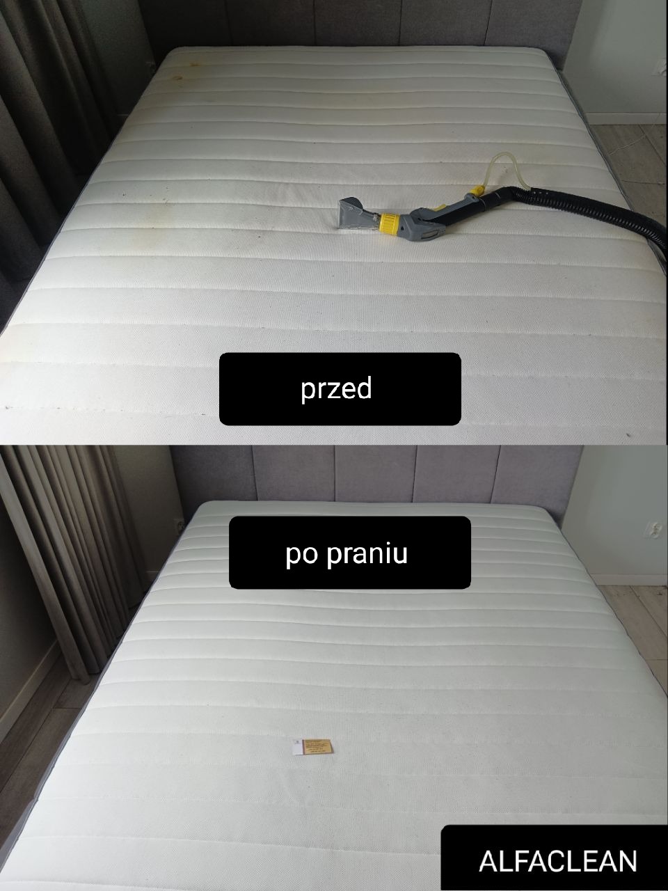 Materac przed i po czyszczeniu w Bydgoszczy, widoczne różnice w czystości oraz urządzenie do ekstrakcyjnego czyszczenia tapicerki.