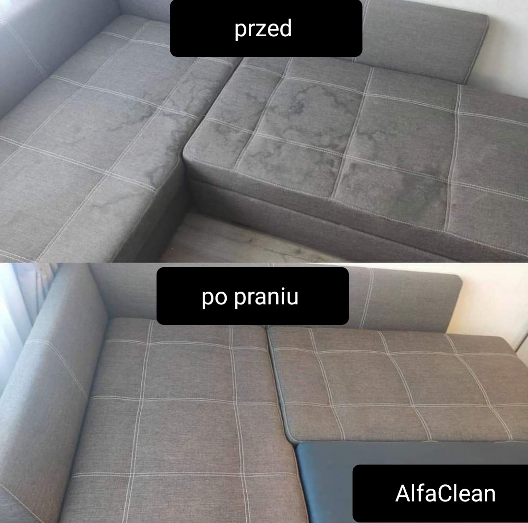 Szara narożna kanapa modułowa: górna część zdjęcia prezentuje widoczne zabrudzenia przed czyszczeniem, dolna część pokazuje efekt po wyczyszczeniu, z widocznym fragmentem logo firmy AlfaClean.