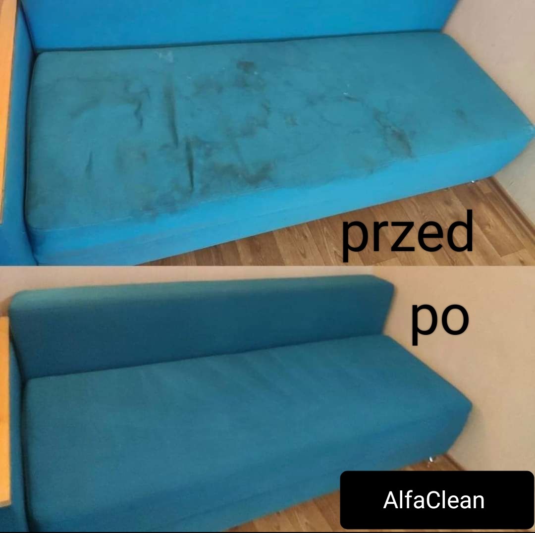 Niebieska kanapa przed i po czyszczeniu, widoczne plamy na górnym zdjęciu i czysta powierzchnia na dolnym, z napisem 'przed' i 'po' oraz logo firmy AlfaClean.