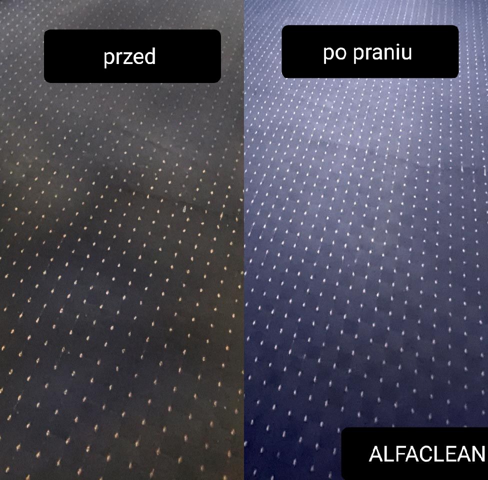 Porównanie dywanu przed i po czyszczeniu, widoczne wyraźne różnice w kolorze i czystości, z logo firmy czyszczącej w rogu.
