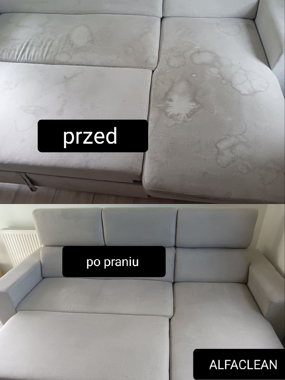 Dwuetapowe ujęcie narożnika: górna część prezentuje zabrudzoną tapicerkę z widocznymi plamami, dolna część ukazuje narożnik po czyszczeniu, z logo firmy w prawym dolnym rogu.