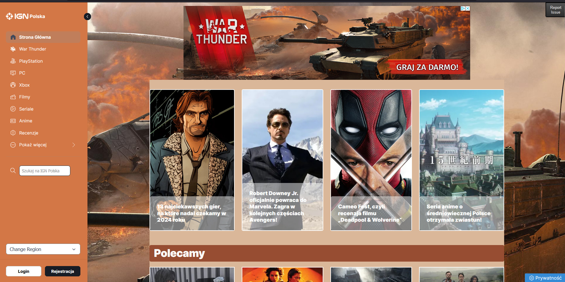 Strona główna serwisu IGN Polska z widocznym menu nawigacyjnym po lewej stronie i serią artykułów w formie kafelków, w tym zapowiedzi gier i recenzje filmów.