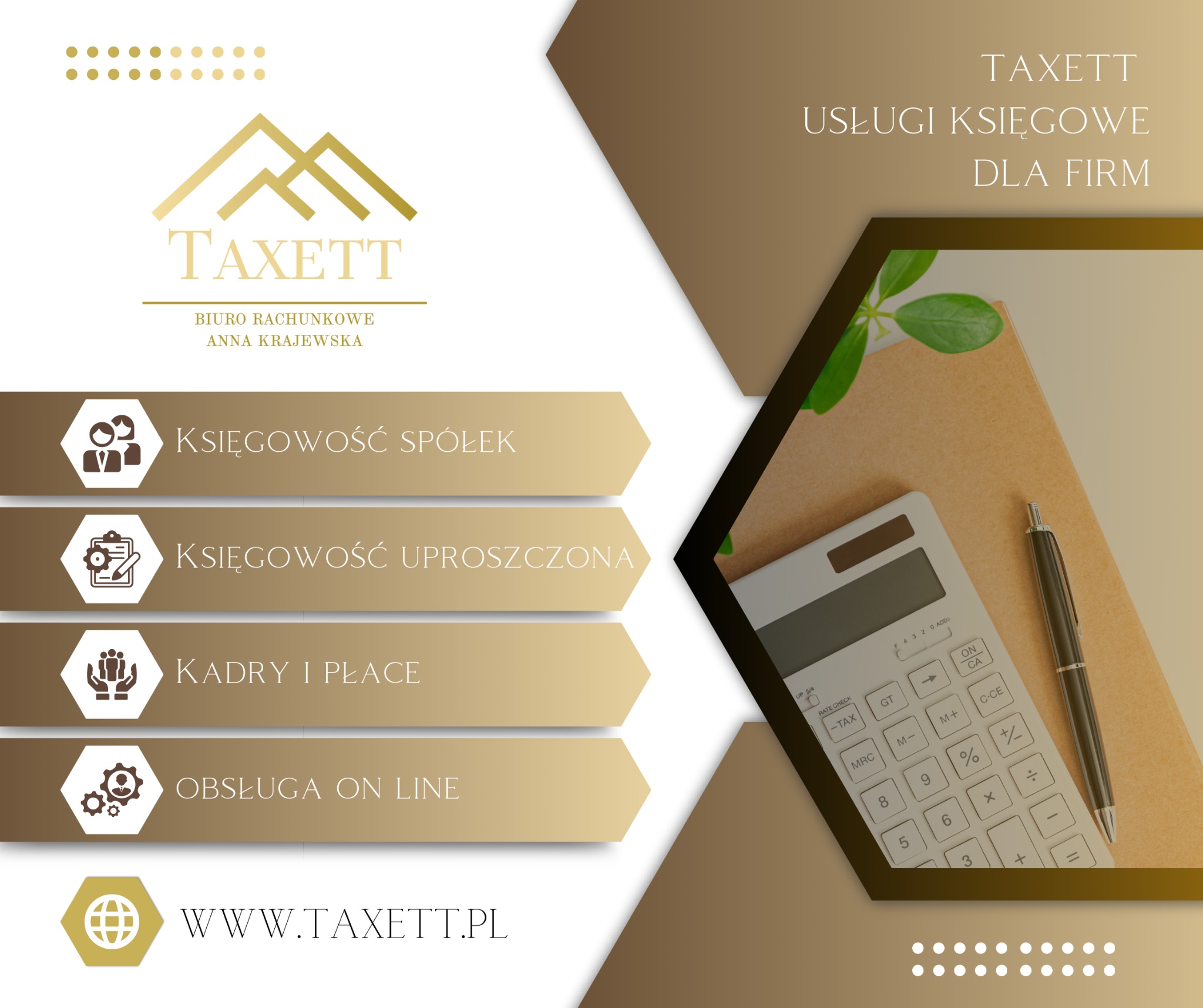 Reklama biura rachunkowego Taxett: logo, oferta (księgowość spółek, uproszczona, kadry i płace, obsługa online), adres strony internetowej, kalkulator, długopis i roślina na beżowym tle.