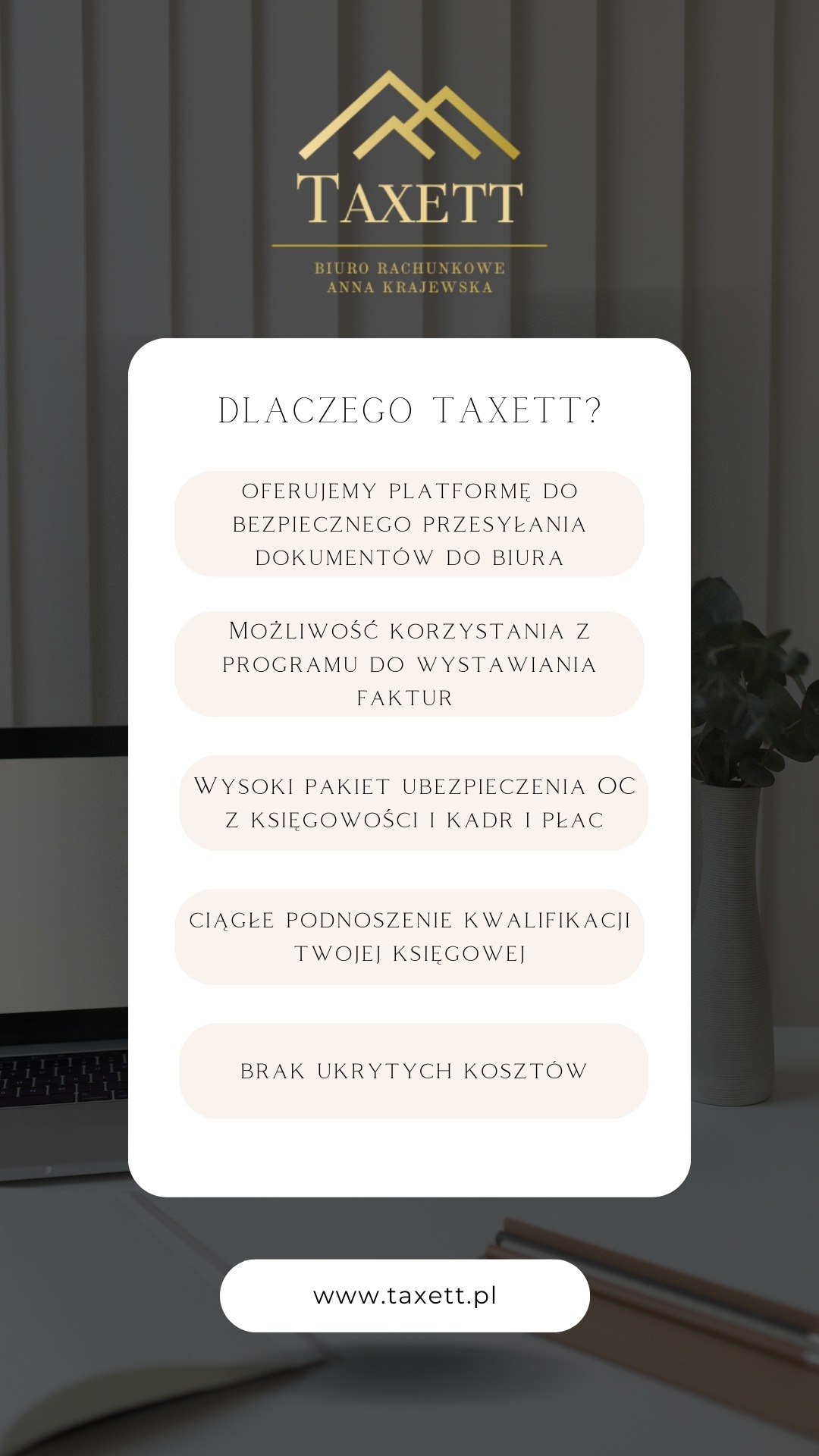 Grafika reklamowa biura rachunkowego Taxett z informacjami o platformie do bezpiecznego przesyłania dokumentów, programie do wystawiania faktur, pakiecie ubezpieczenia OC oraz braku ukrytych...