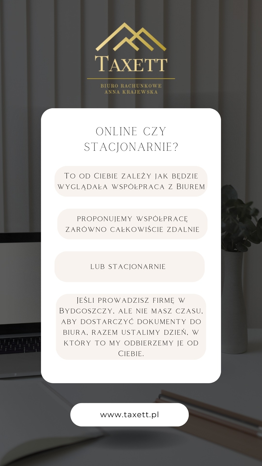 Grafika reklamowa biura rachunkowego Taxett z Bydgoszczy, oferującego obsługę online i stacjonarną, z logo firmy, adresem strony internetowej i krótkim opisem usług.