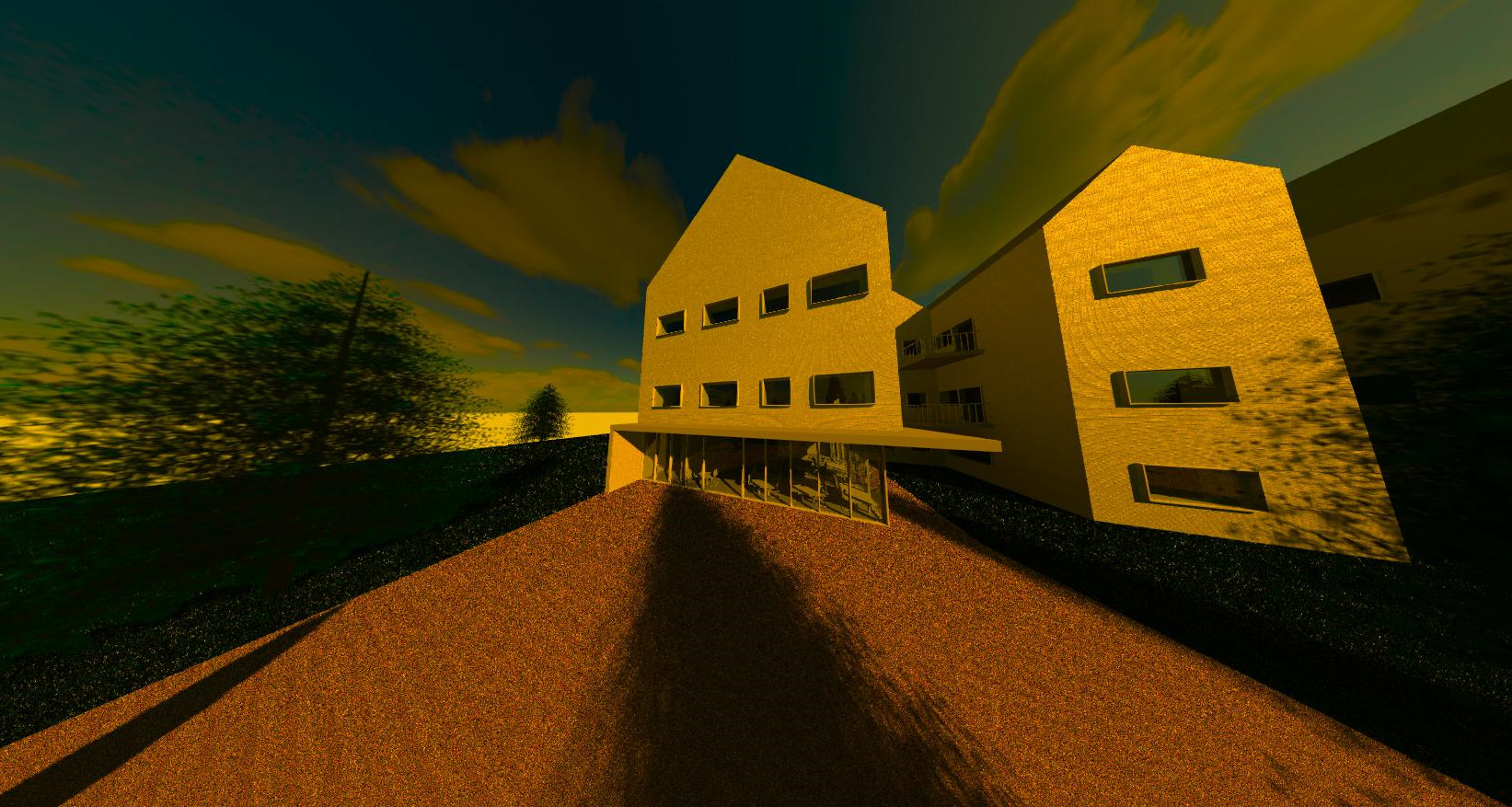 Wizualizacja 3D nowoczesnego domu z płaskim dachem, oświetlonego ciepłym światłem zachodzącego słońca. Widok z dołu, podkreślający bryłę budynku i otaczający krajobraz.