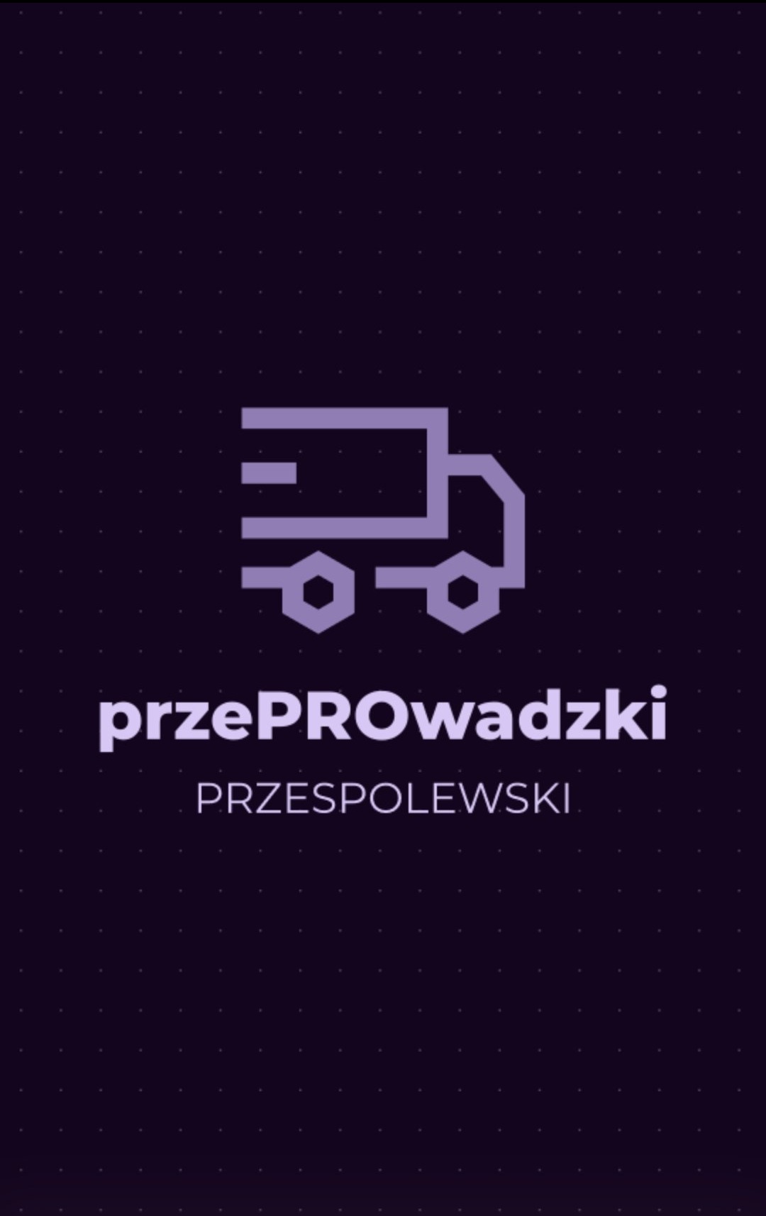 Fioletowe logo firmy transportowej z ikoną ciężarówki i nazwą 'przePROWadzki PRZESPOLEWSKI' na ciemnym, kropkowanym tle.