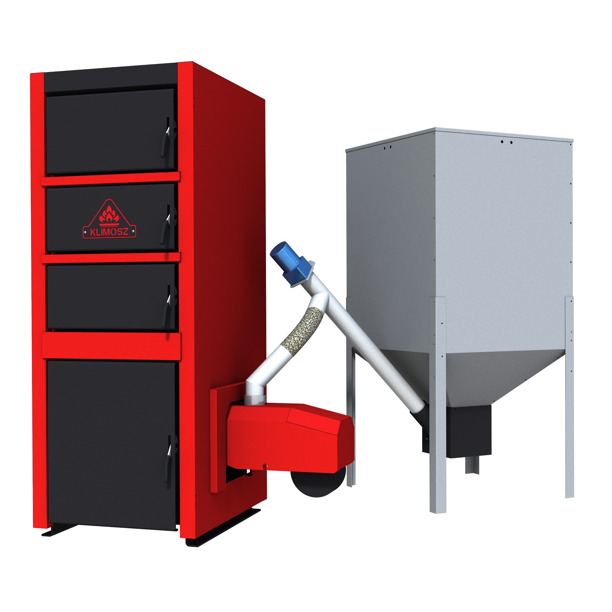Czerwono-czarny piec na paliwo stałe z podajnikiem, widok z przodu na białym tle, prezentacja produktu