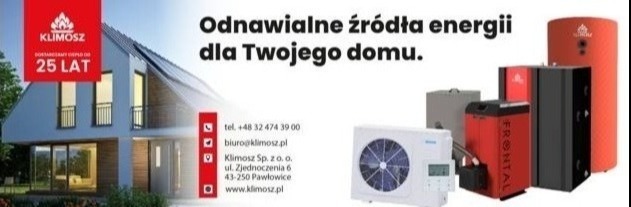 Grafika reklamowa przedstawiająca nowoczesny dom z panelami słonecznymi, logo Klimosz oraz urządzenia grzewcze, w tym pompę ciepła i kotły, z hasłem 'Odnawialne źródła energii dla Twojego domu'.