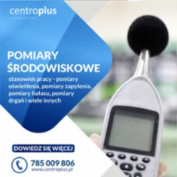 Urządzenie do pomiaru hałasu z czarną kulistą końcówką mikrofonu, używane podczas pomiarów środowiskowych stanowisk pracy, z widocznym logo firmy Centroplus.