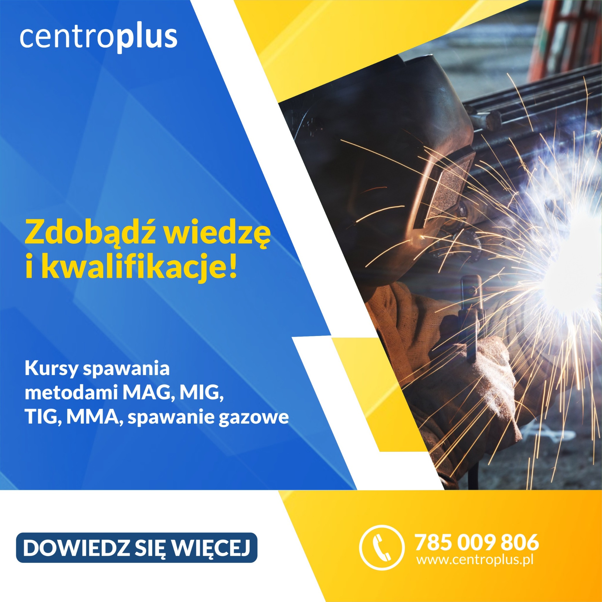 Grafika reklamowa: spawacz w masce ochronnej podczas spawania, iskry rozświetlają otoczenie, w tle rury i drabina, tekst informujący o kursach spawania metodami MAG, MIG, TIG, MMA i spawaniu gazowym.