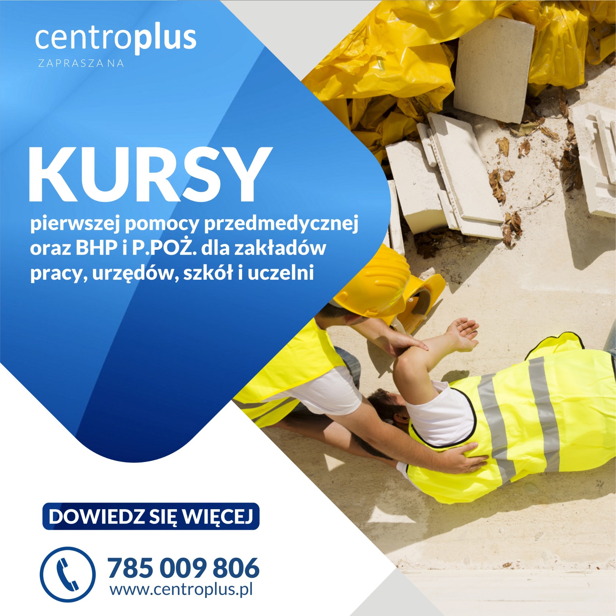 Grafika reklamowa kursów pierwszej pomocy i BHP, przedstawiająca osobę udzielającą pomocy poszkodowanemu na placu budowy, obok leżący kask ochronny i worki z odpadami.