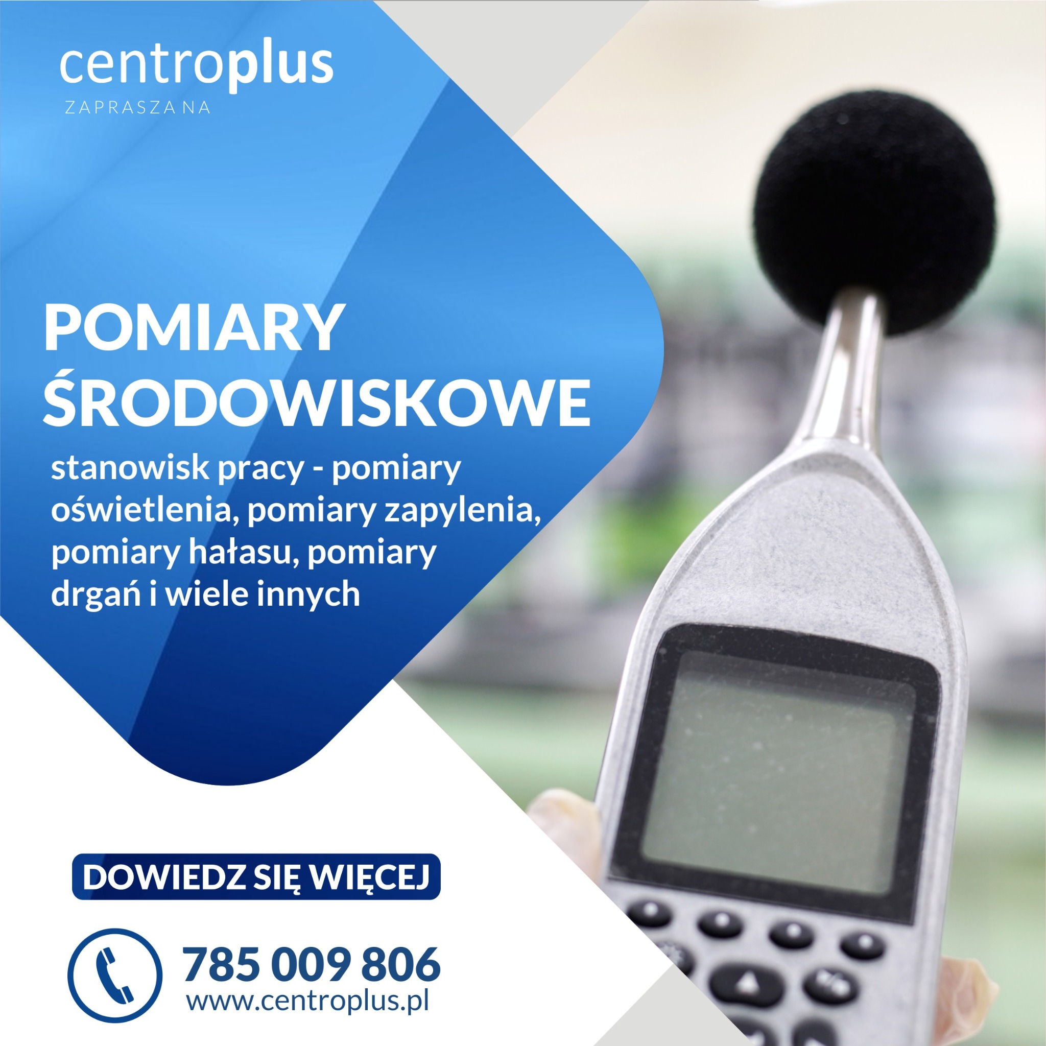 Urządzenie do pomiaru hałasu z czarną kulistą końcówką mikrofonu, używane podczas pomiarów środowiskowych stanowisk pracy, z widocznym logo firmy Centroplus.