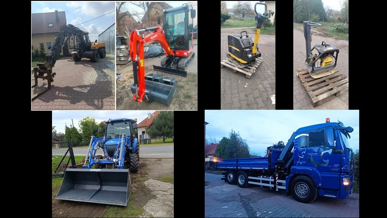 Zestaw maszyn budowlanych: koparka kołowa, mini koparka, ubijaki wibracyjne i niebieski samochód ciężarowy z dźwigiem, prezentacja sprzętu.