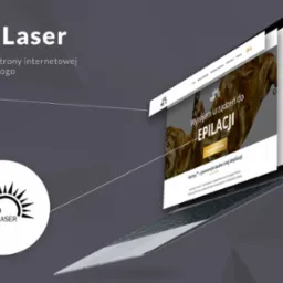 Laptop prezentujący stronę internetową firmy VIP Laser, oferującej wynajem urządzeń do epilacji, z widocznym logo firmy w lewym dolnym rogu i nagłówkiem z informacjami o projekcie strony i logo.
