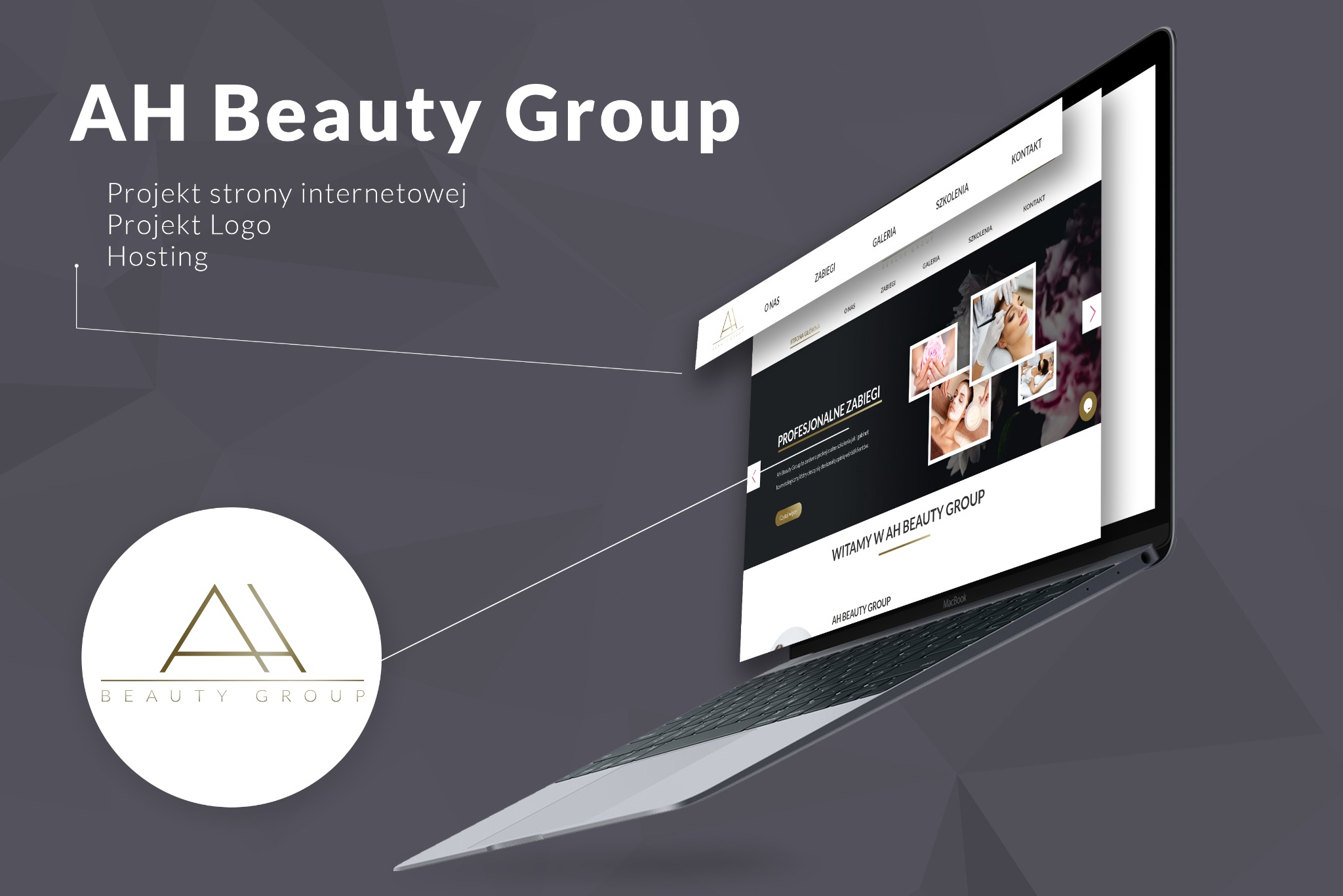 Laptop prezentujący stronę internetową AH Beauty Group z minimalistycznym logo w lewym dolnym rogu, na szarym tle.