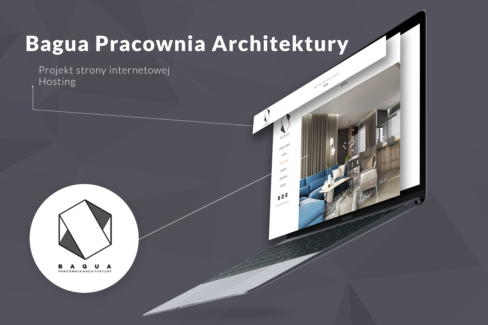 Laptop MacBook prezentujący stronę internetową pracowni architektury Bagua, z widocznym logo firmy i fragmentem wnętrza na stronie głównej.