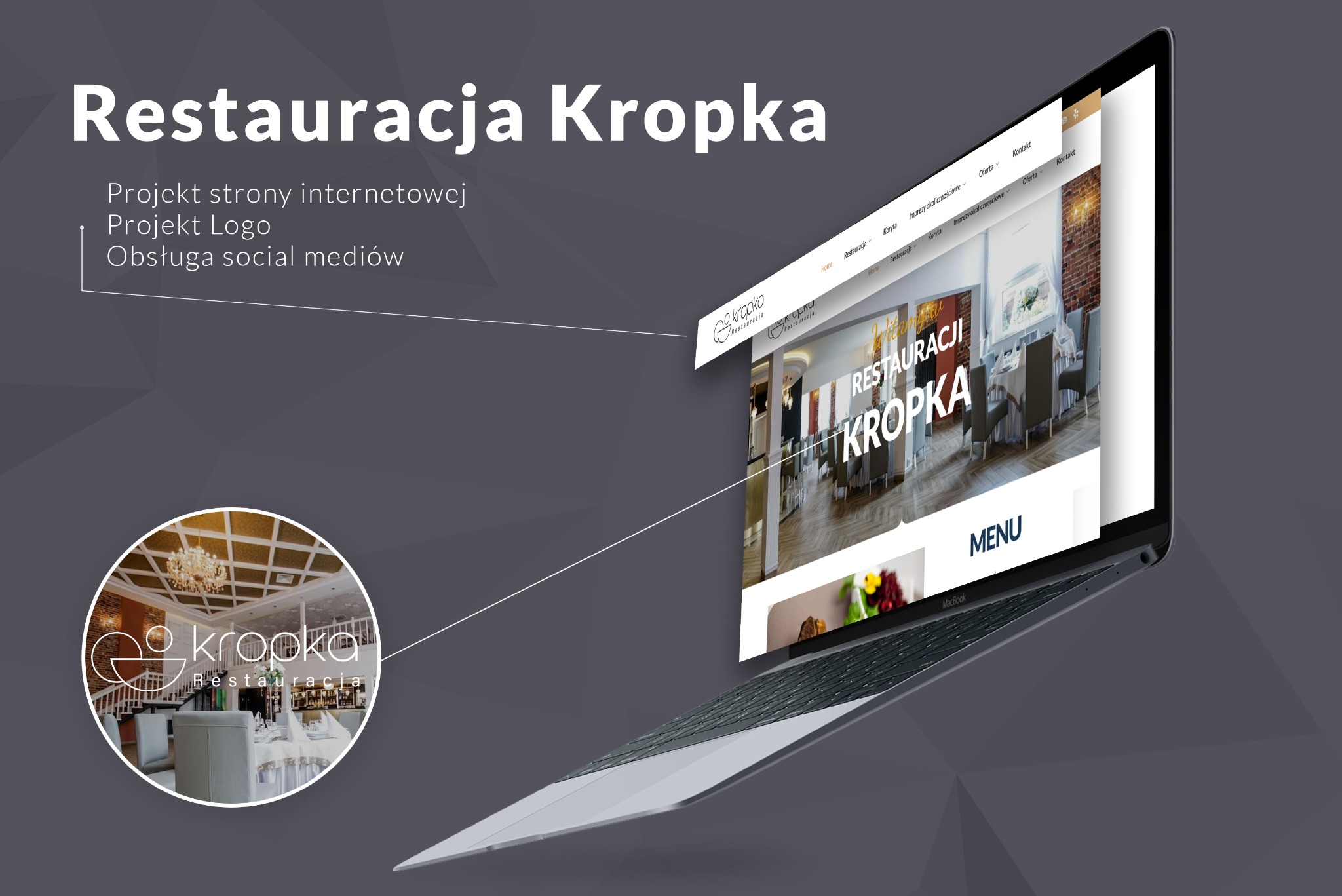Laptop MacBook prezentujący stronę internetową restauracji Kropka z widocznym logo i menu, ukazujący projekt strony i identyfikację wizualną restauracji.