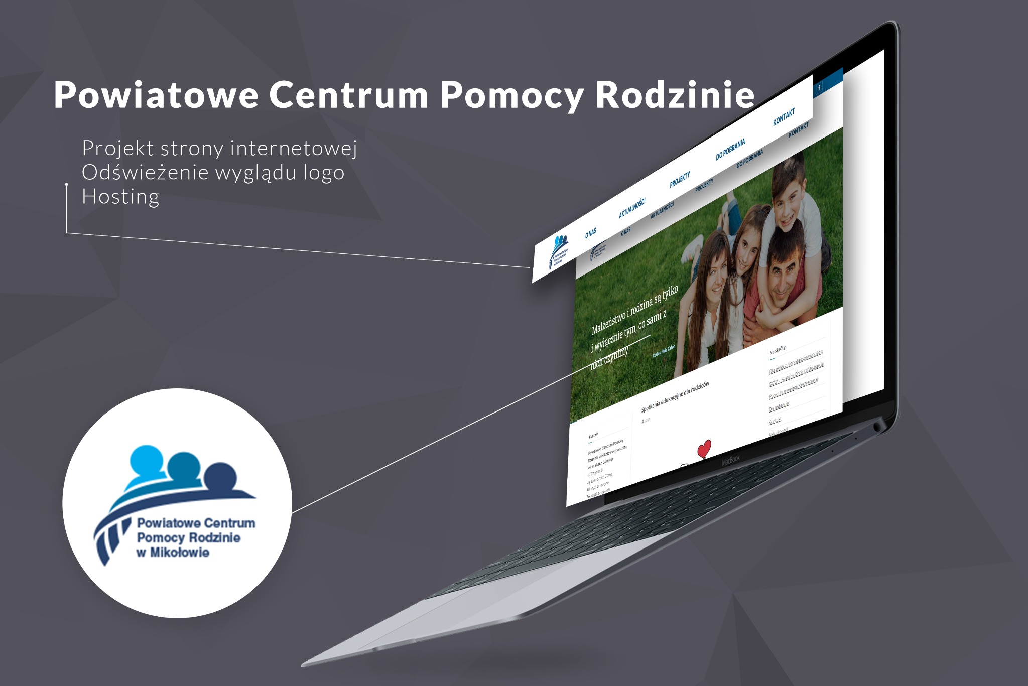 Prezentacja strony internetowej Powiatowego Centrum Pomocy Rodzinie na ekranie laptopa MacBook, z widocznym logo w lewym dolnym rogu i szczegółami projektu po lewej stronie.