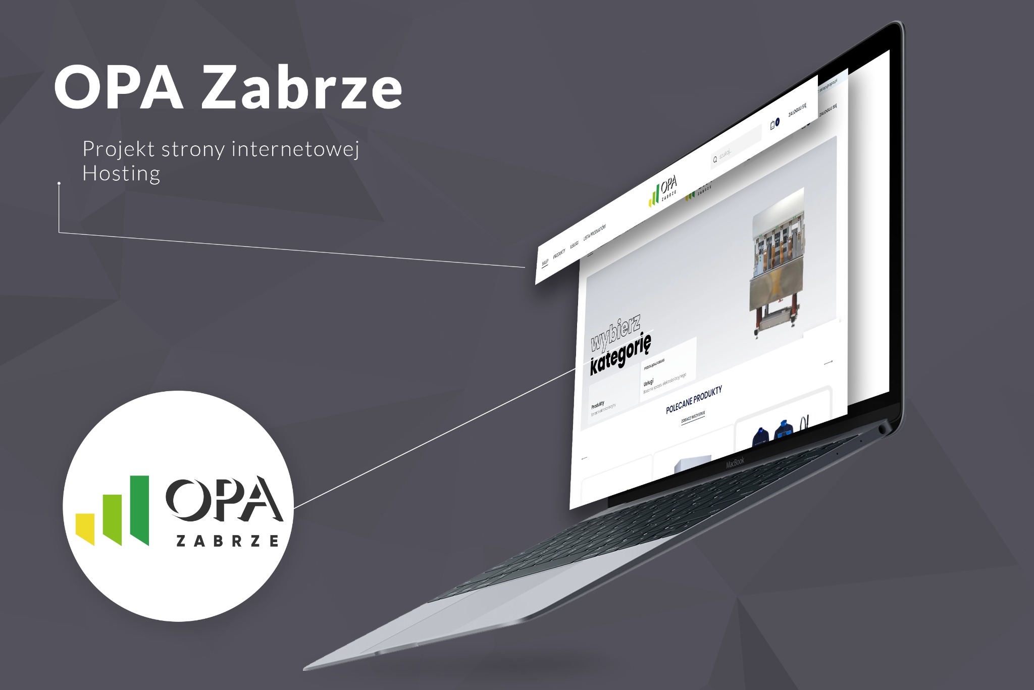 Laptop MacBook prezentuje stronę internetową firmy OPA Zabrze, z widocznymi kategoriami produktów i usług. Układ graficzny strony jest przejrzysty i nowoczesny.
