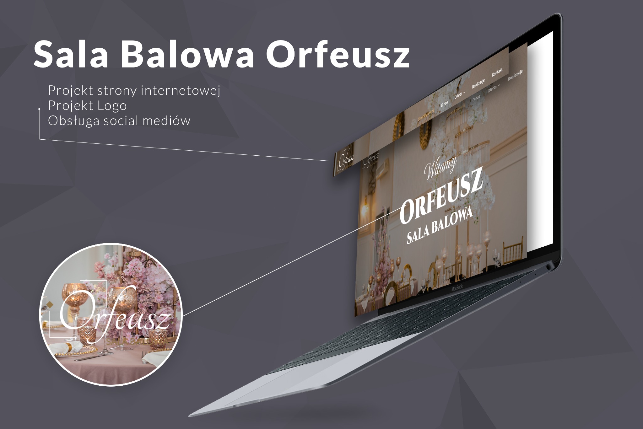 Laptop MacBook wyświetlający stronę internetową Sali Balowej Orfeusz z widocznym logo i aranżacją stołu weselnego, na szarym tle.